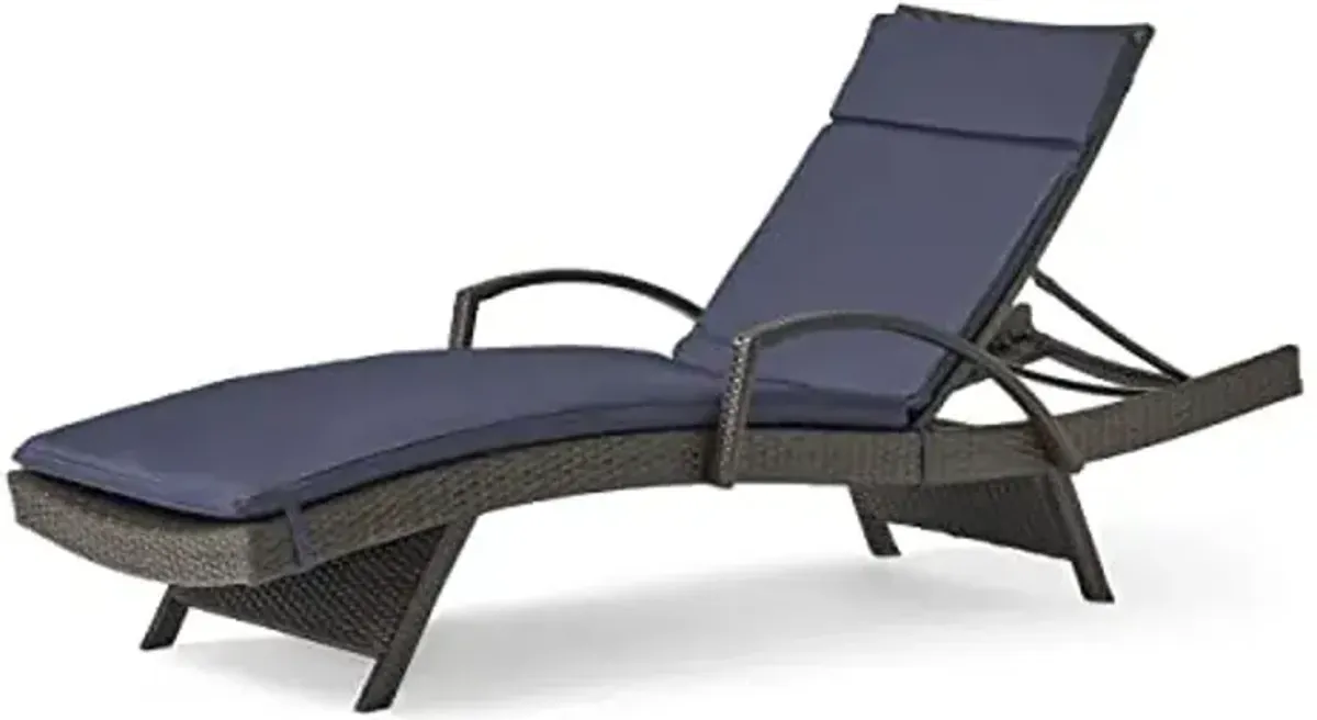 Christopher Knight Home Salem Outdoor Wicker Adjustable Chaise Lounge with Arms, with Cushion, Multibrown / Navy Blue
