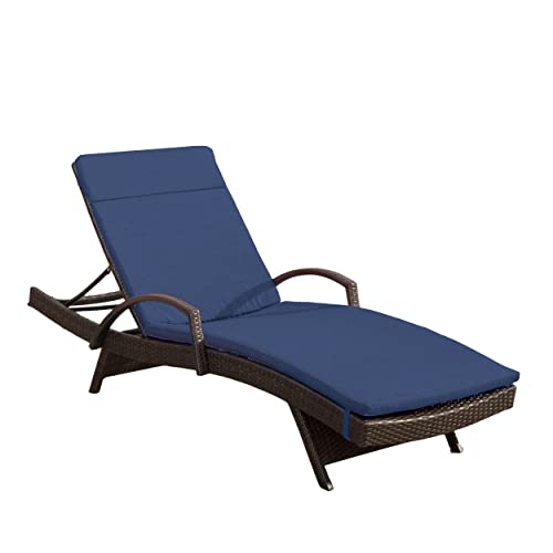 Christopher Knight Home Salem Outdoor Wicker Adjustable Chaise Lounge with Arms, with Cushion, Multibrown / Navy Blue