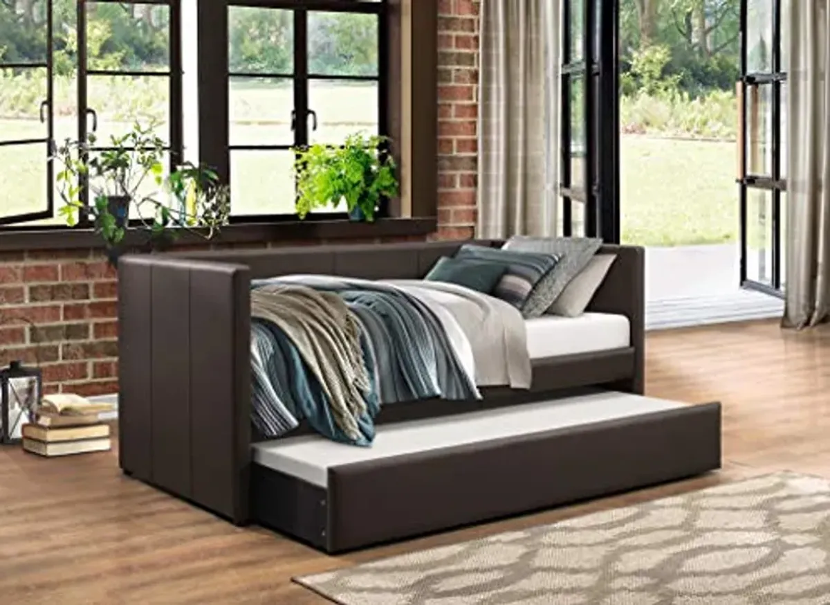 Homelegance Adra PU Leather Upholstered Daybed with Trundle, Twin, Dark Brown