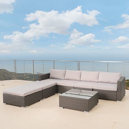 GDFStudio Francisco 7pc Outdoor Wicker Sectional w/Cushions (Grey/Silver)