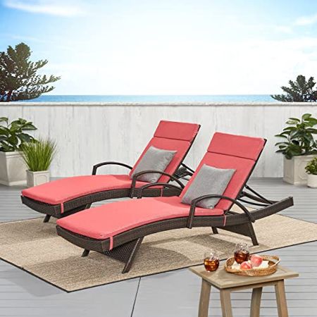 Christopher Knight Home Salem Outdoor Wicker Adjustable Chaise Lounges with Arms, with Cushions, 2-Pcs Set, Multibrown / Red