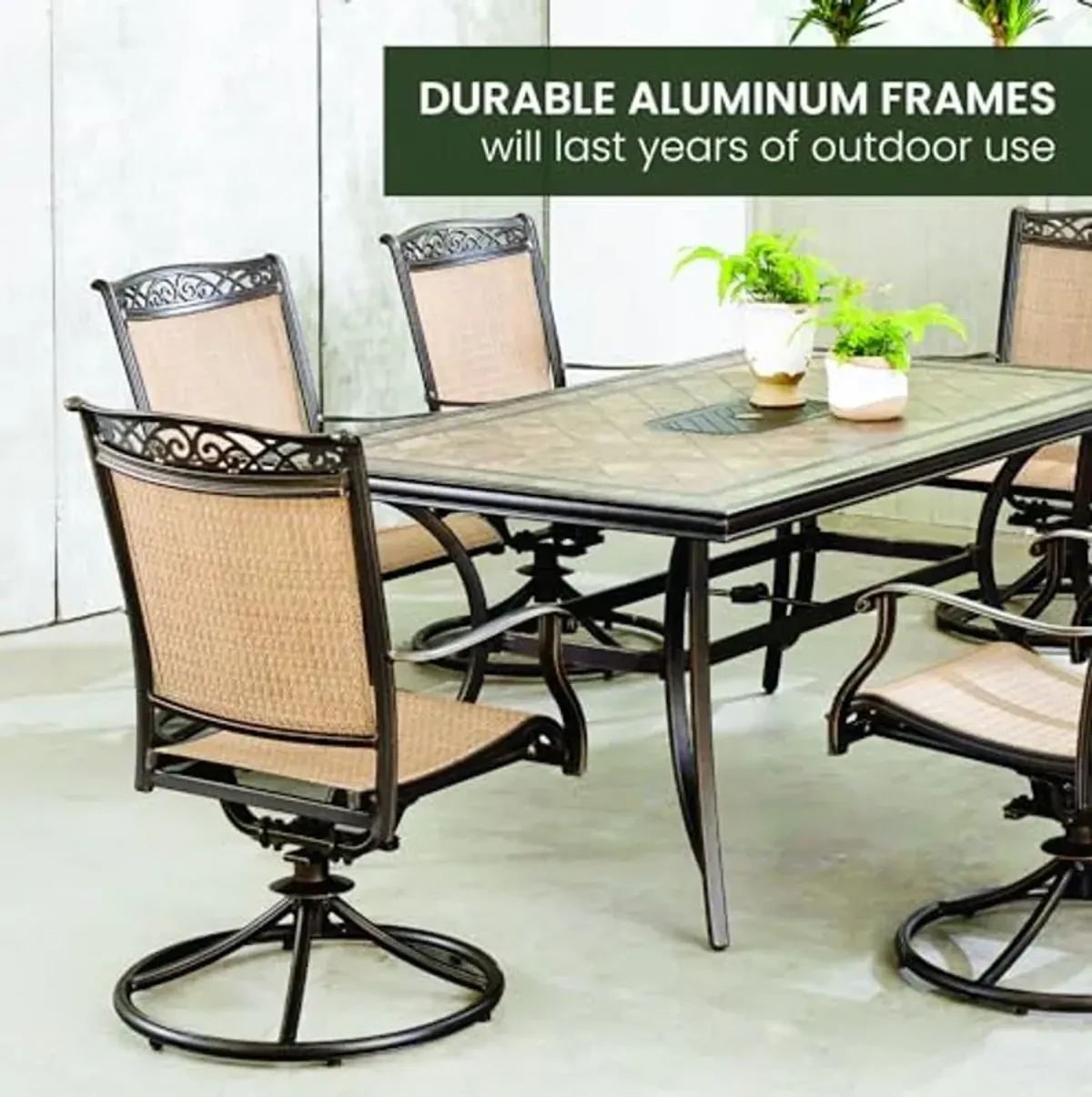 Hanover Fontana 7-Piece Patio Dining Set, Rust Resistant Aluminum Outdoor Dining Set with 6 Swivel Rockers and Porcelain Tile Rectangular Dining Table