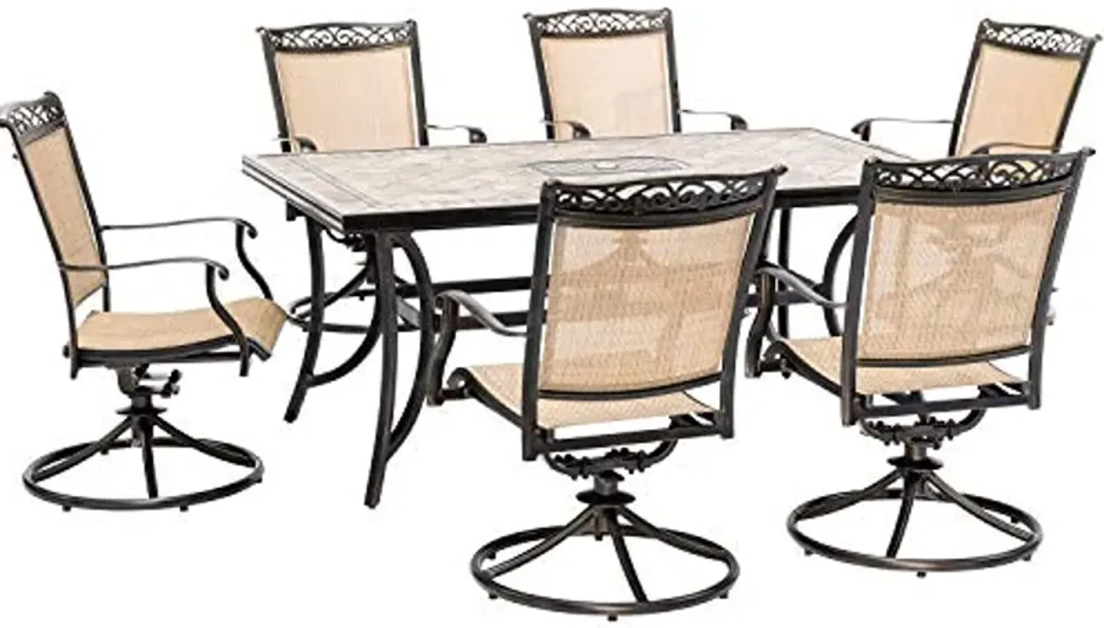 Hanover Fontana 7-Piece Patio Dining Set, Rust Resistant Aluminum Outdoor Dining Set with 6 Swivel Rockers and Porcelain Tile Rectangular Dining Table