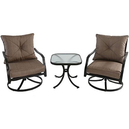 Hanover Palm Bay 3-Piece Steel Outdoor Patio Chat Set with Plush Copper Cushions and Glass Top Square Bistro Table | PALMBAY3PC-TAN, Seating, Tan