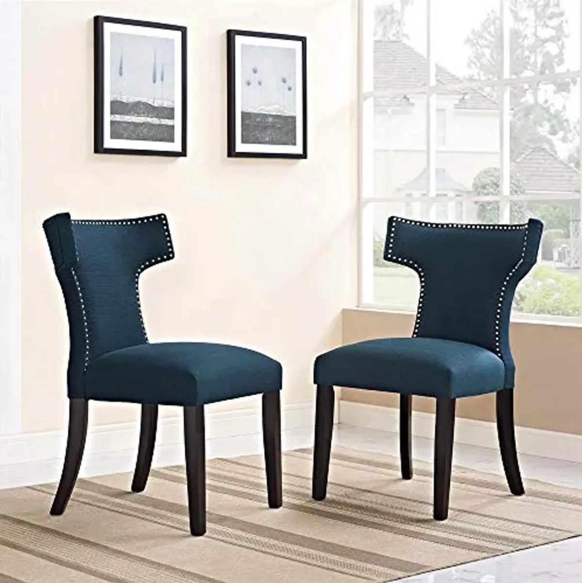 Modway Baron Curve Mid-Century Modern Upholstered Fabric with Nailhead Trim, Two Chairs, Azure