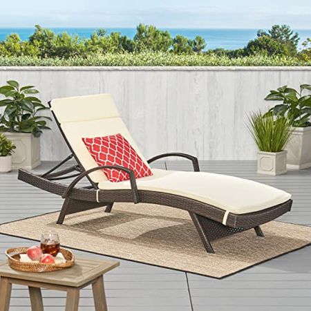 Christopher Knight Home Salem Outdoor Wicker Adjustable Chaise Lounge with Arms, with Cushion, Multibrown / Beige