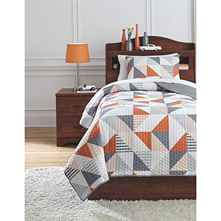 Signature Design by Ashley Layne Contemporary Geometric Design Reversible Twin Coverlet with One Pillow Sham Set, Gray White, Orange