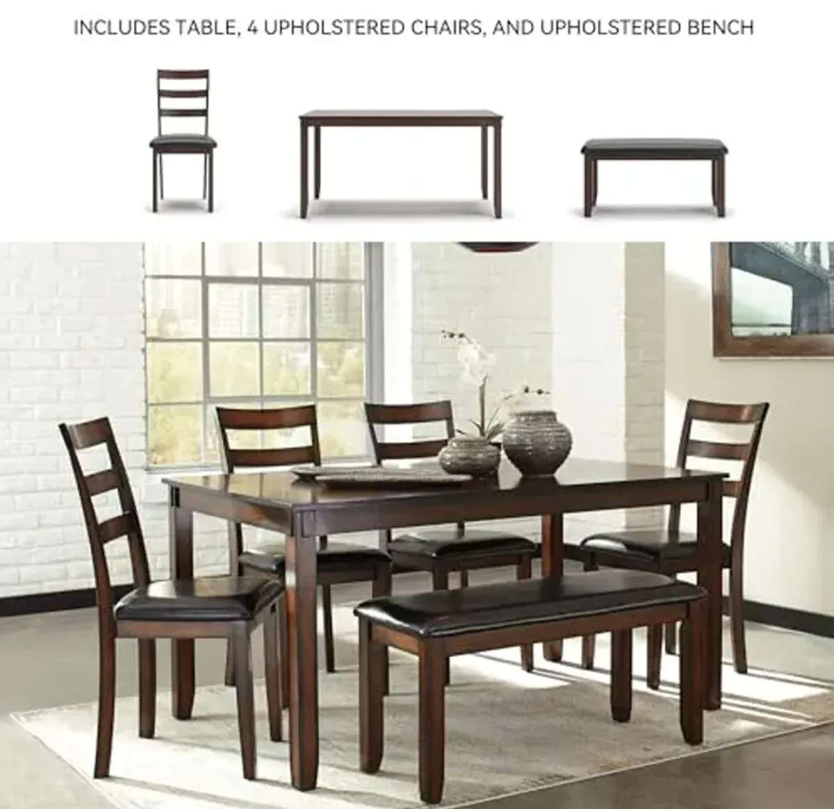 Signature Design by Ashley Coviar 6 Piece Dining Set, Includes Table, 4 Chairs & Bench, Dark Brown