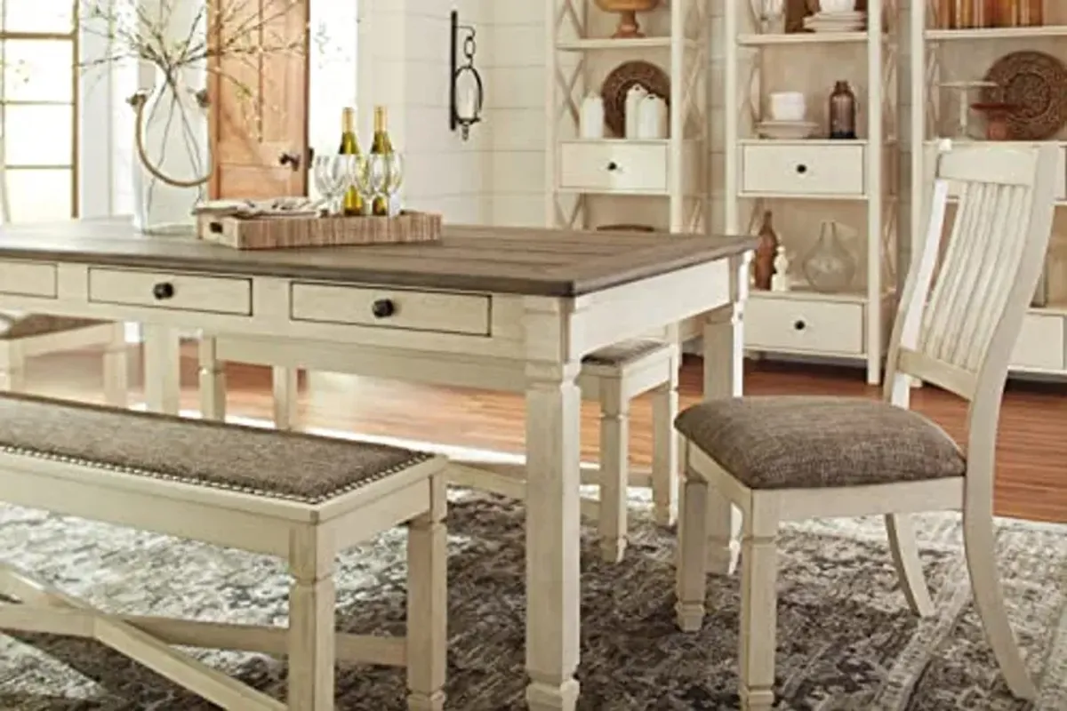 Signature Design by Ashley Bolanburg Farmhouse Dining Table with Drawers, Seats up to 6, Whitewash