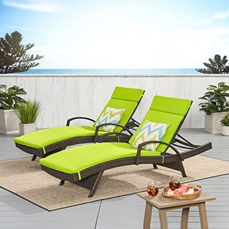 Christopher Knight Home Salem Outdoor Wicker Adjustable Chaise Lounges with Arms, with Cushions, 2-Pcs Set, Multibrown / Green