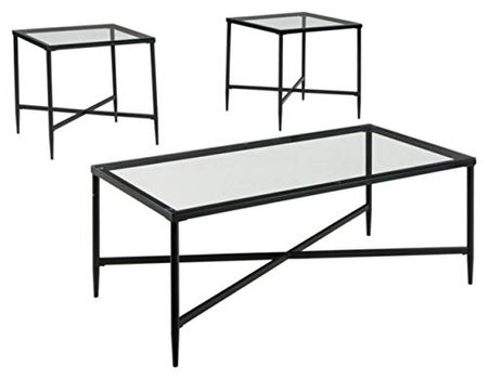 Signature Design by Ashley Augeron Contemporary Glass Top 3-Piece Table Set, Includes Coffee Table & 2 End Tables, Black