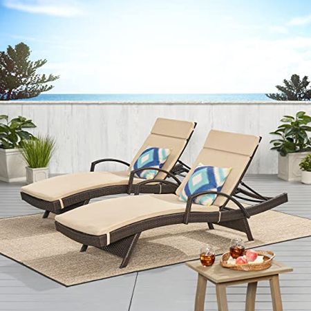 Christopher Knight Home Salem Outdoor Wicker Armed Chaise Lounge Cushions, 2-Pcs Set, Multibrown / Textured Beige