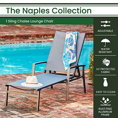 Hanover Frame Naples Outdoor Folding Chaise with Adjustable Backrest and UV and Weather-Resistant Sling Fabric, 1 Piece, Gray/Aluminium