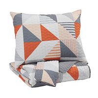Signature Design by Ashley Layne Contemporary Geometric Design Reversible Full Coverlet with Two Pillow Shams Set, Gray White, Orange