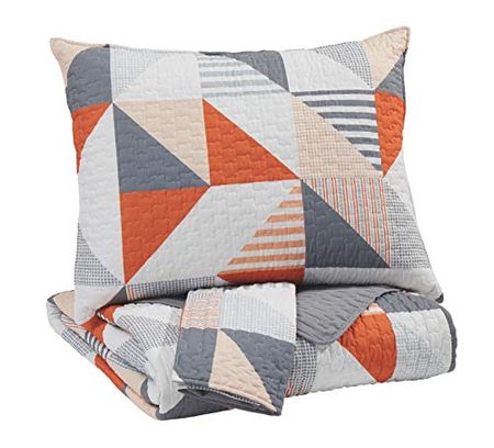 Signature Design by Ashley Layne Contemporary Geometric Design Reversible Full Coverlet with Two Pillow Shams Set, Gray White, Orange
