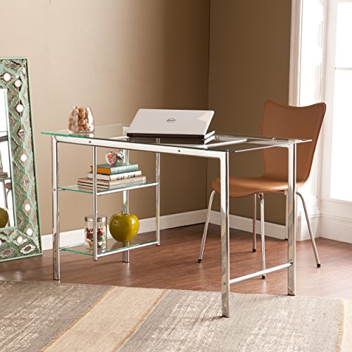 SEI Furniture Oslo Glass Writing Desk 47" Wide - Two Fixed Shelves w/Broad Glass Tabletop, Chrome (AMZ9258OH)