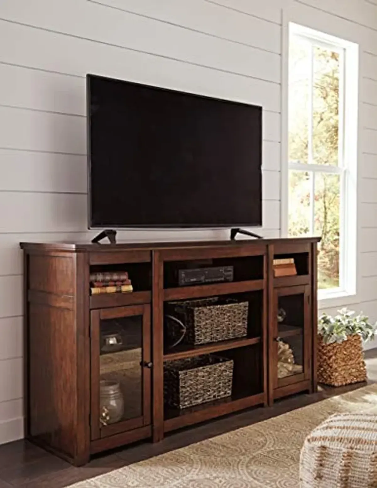 Signature Design by Ashley Harpan Traditional TV Stand Fits TVs up to 70", 3 Adjustable Shelves, 2 Storage Cabinets, Brown