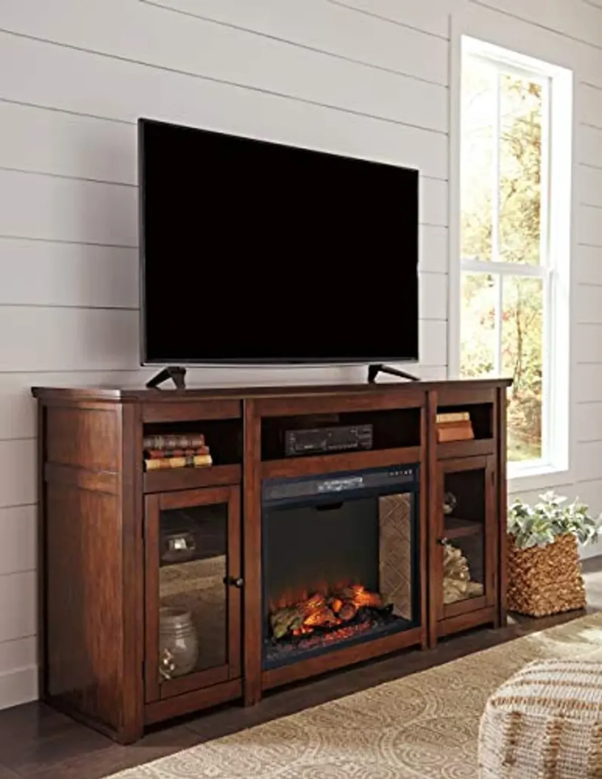 Signature Design by Ashley Harpan Traditional TV Stand Fits TVs up to 70", 3 Adjustable Shelves, 2 Storage Cabinets, Brown