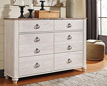 Signature Design by Ashley Willowton Coastal Cottage 6 Drawer Dresser with Faux Plank Top, Whitewash