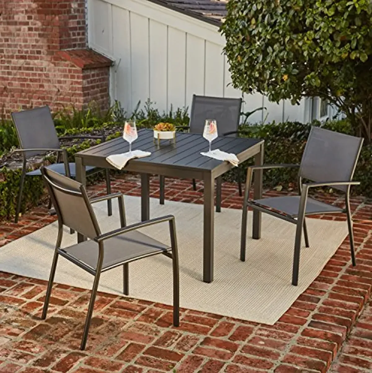 Hanover Naples 5-Piece Patio Dining Set with 38'' Square Dining Table and 4 Grey Stackable Sling Chairs, Modern Space Saving All-Weather Outdoor Dining Set for 4 with Rust-Resistant Aluminum Frames