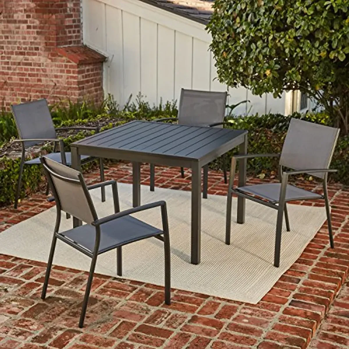 Hanover Naples 5-Piece Patio Dining Set with 38'' Square Dining Table and 4 Grey Stackable Sling Chairs, Modern Space Saving All-Weather Outdoor Dining Set for 4 with Rust-Resistant Aluminum Frames