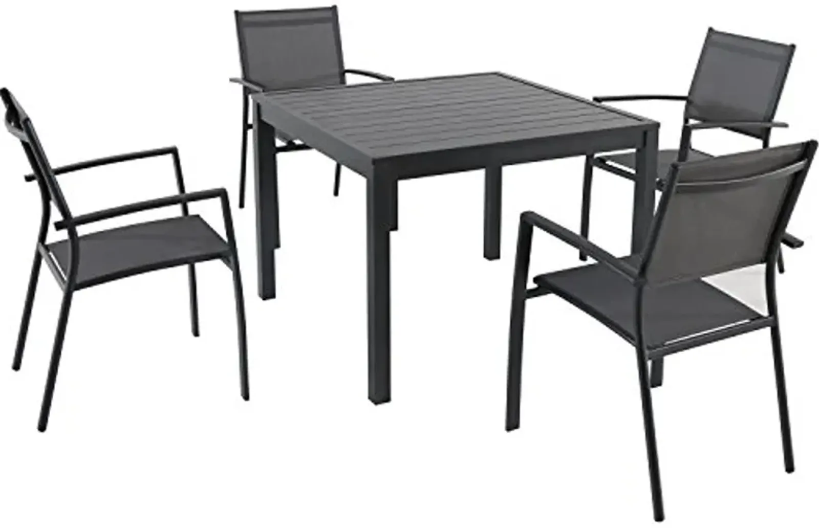 Hanover Naples 5-Piece Patio Dining Set with 38'' Square Dining Table and 4 Grey Stackable Sling Chairs, Modern Space Saving All-Weather Outdoor Dining Set for 4 with Rust-Resistant Aluminum Frames