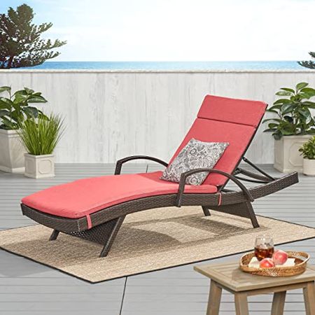Christopher Knight Home Salem Outdoor Wicker Adjustable Chaise Lounge with Arms, with Cushion, Multibrown / Red