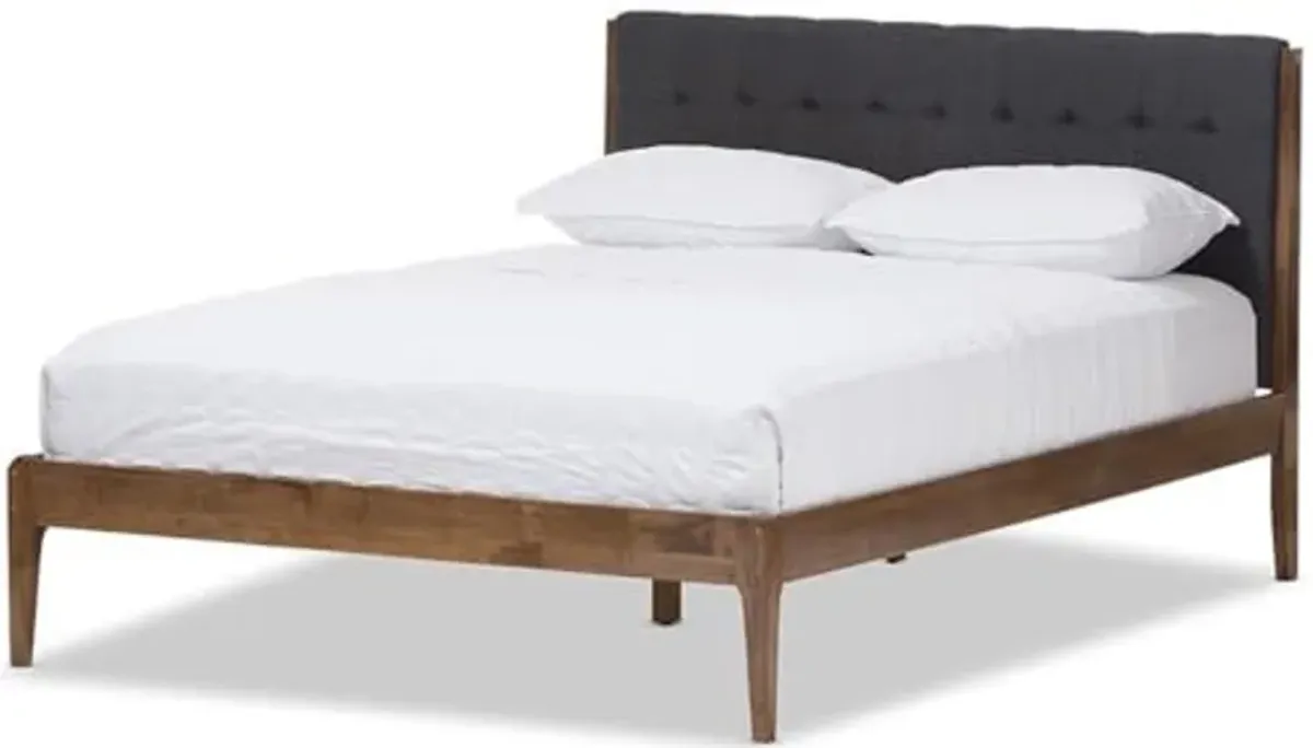 Baxton Studio Clifford Mid-Century Dark Grey Fabric and Medium Brown Finish Wood Queen Size Platform Bed