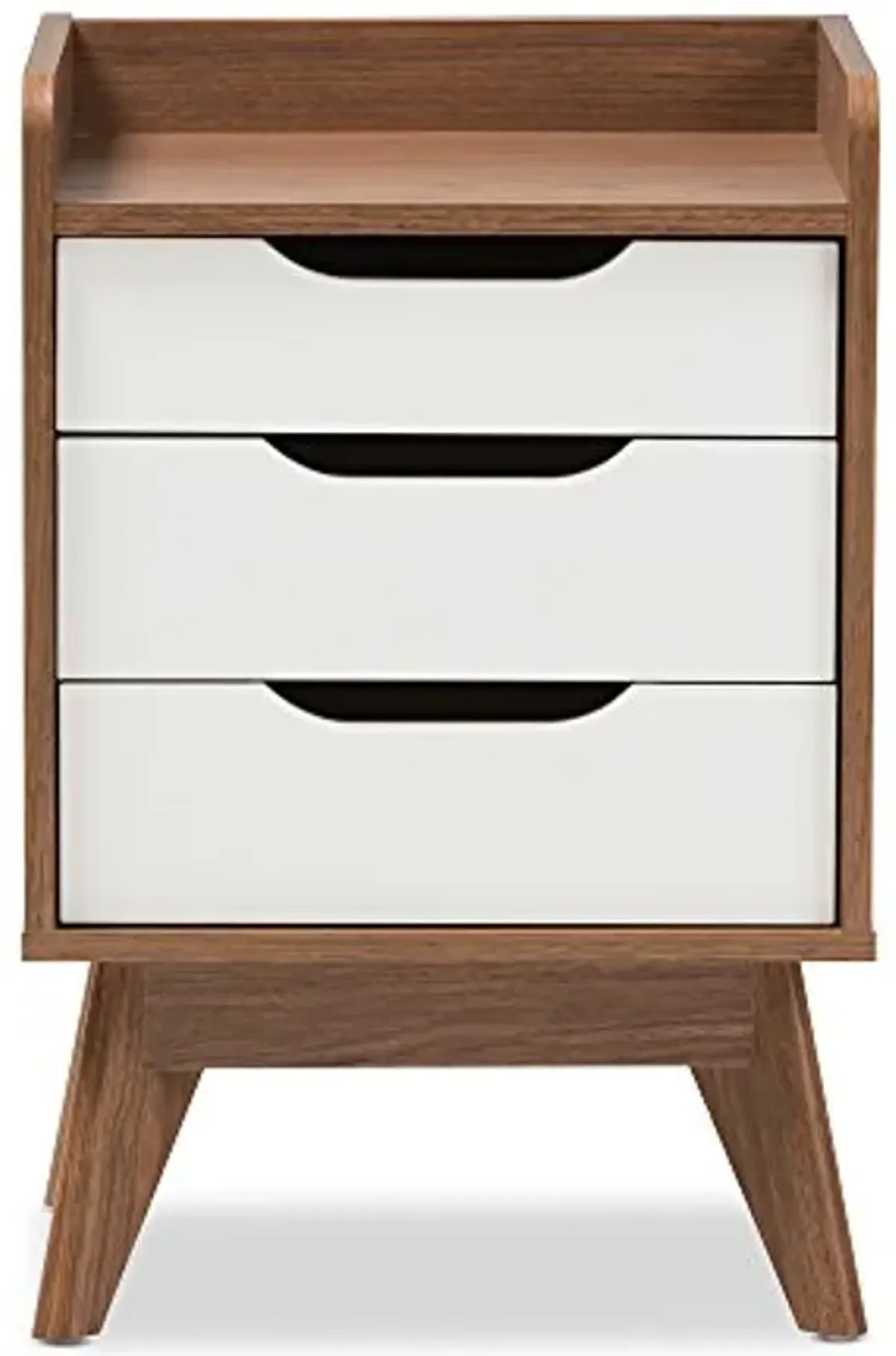 Baxton Studio Maddy Mid-Century Modern Wood 3-Drawer Storage Nightstand, White/Walnut Brown