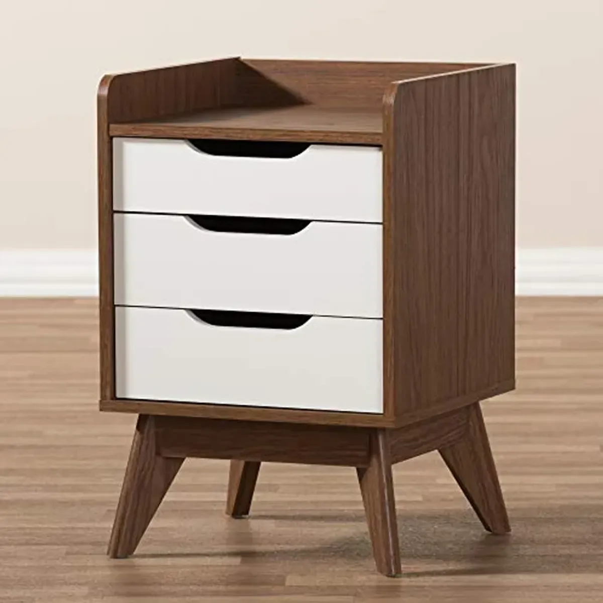 Baxton Studio Maddy Mid-Century Modern Wood 3-Drawer Storage Nightstand, White/Walnut Brown