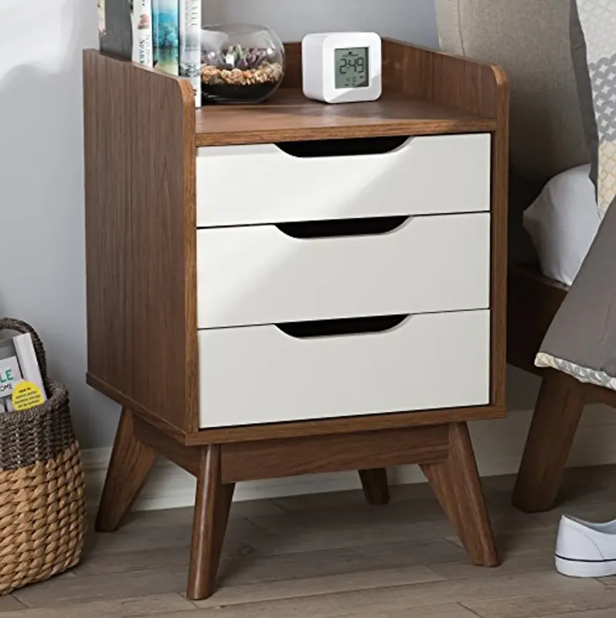 Baxton Studio Maddy Mid-Century Modern Wood 3-Drawer Storage Nightstand, White/Walnut Brown