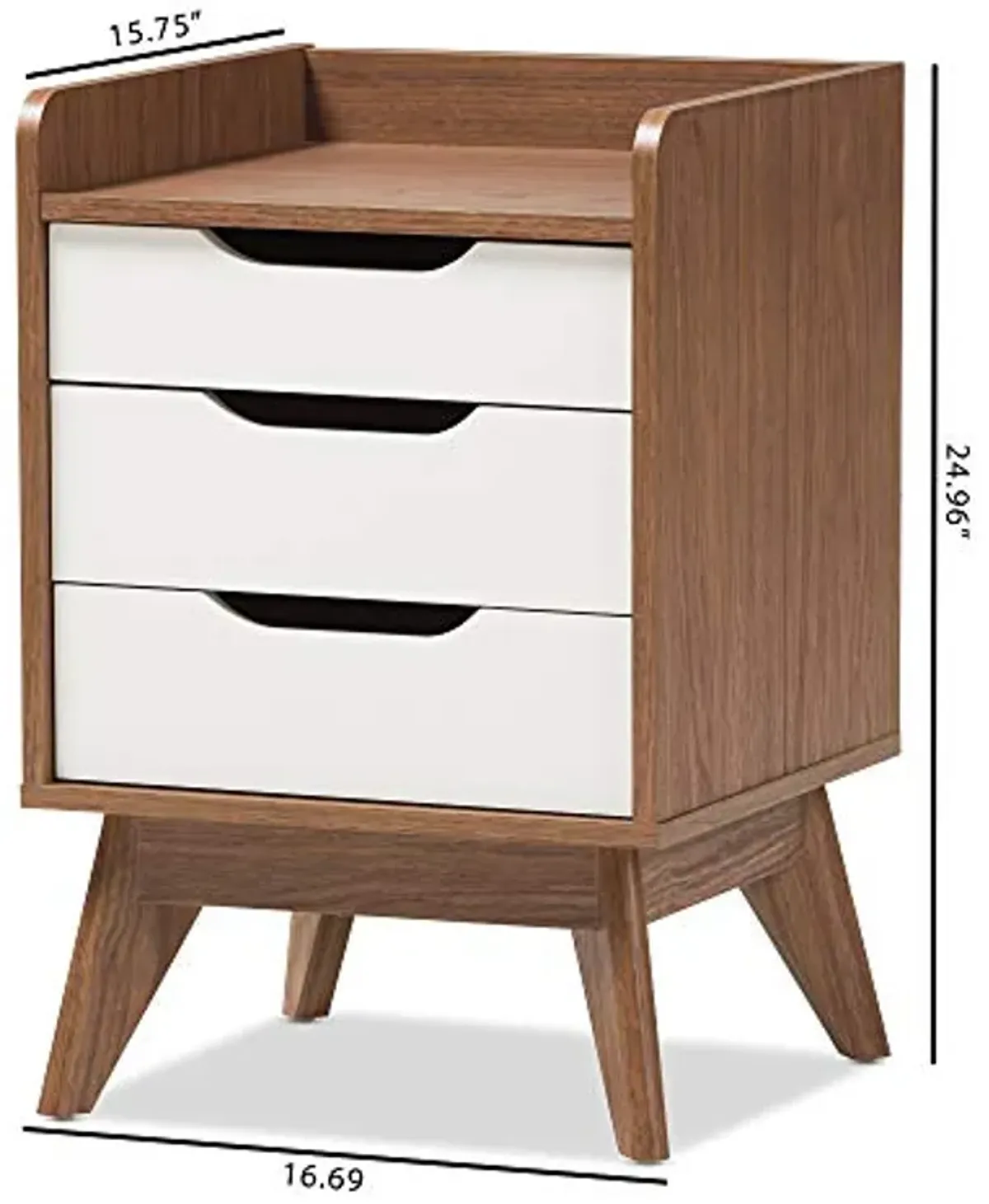 Baxton Studio Maddy Mid-Century Modern Wood 3-Drawer Storage Nightstand, White/Walnut Brown