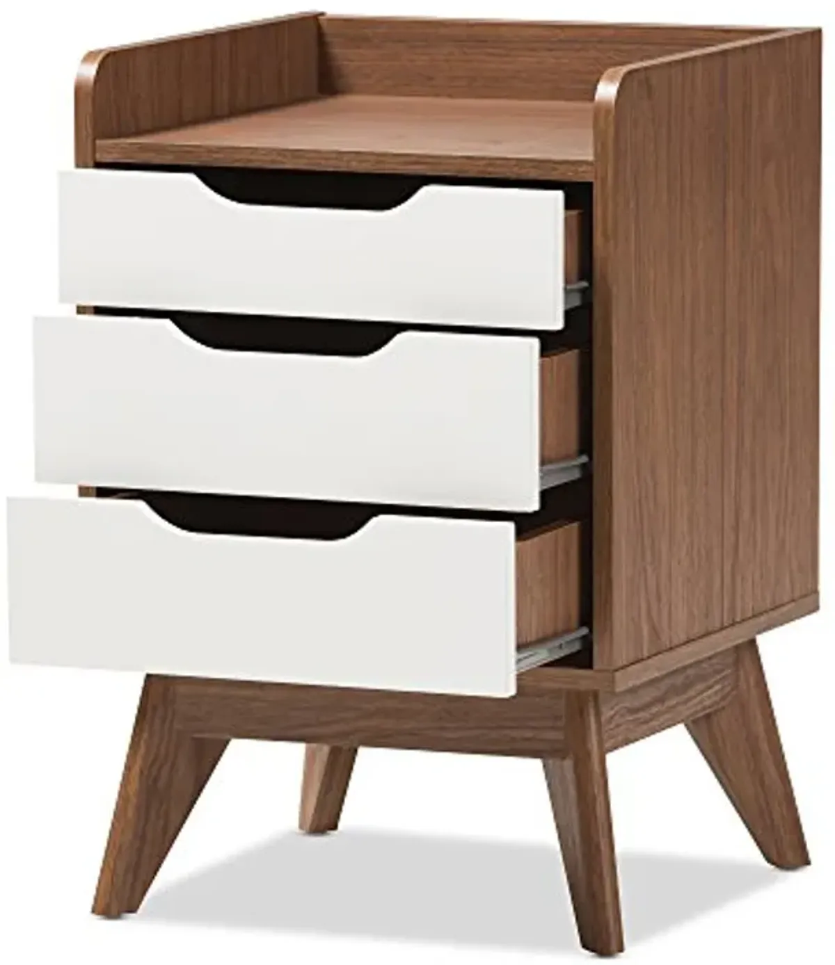 Baxton Studio Maddy Mid-Century Modern Wood 3-Drawer Storage Nightstand, White/Walnut Brown