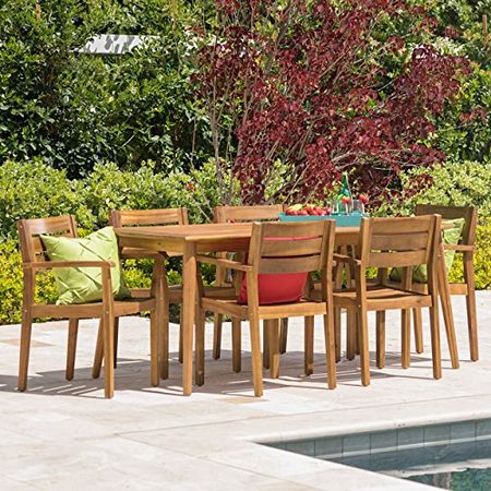Christopher Knight Home Stanyan 7 Piece Outdoor Acacia Wood Dining Set | Perfect for Patio | with Teak Finish