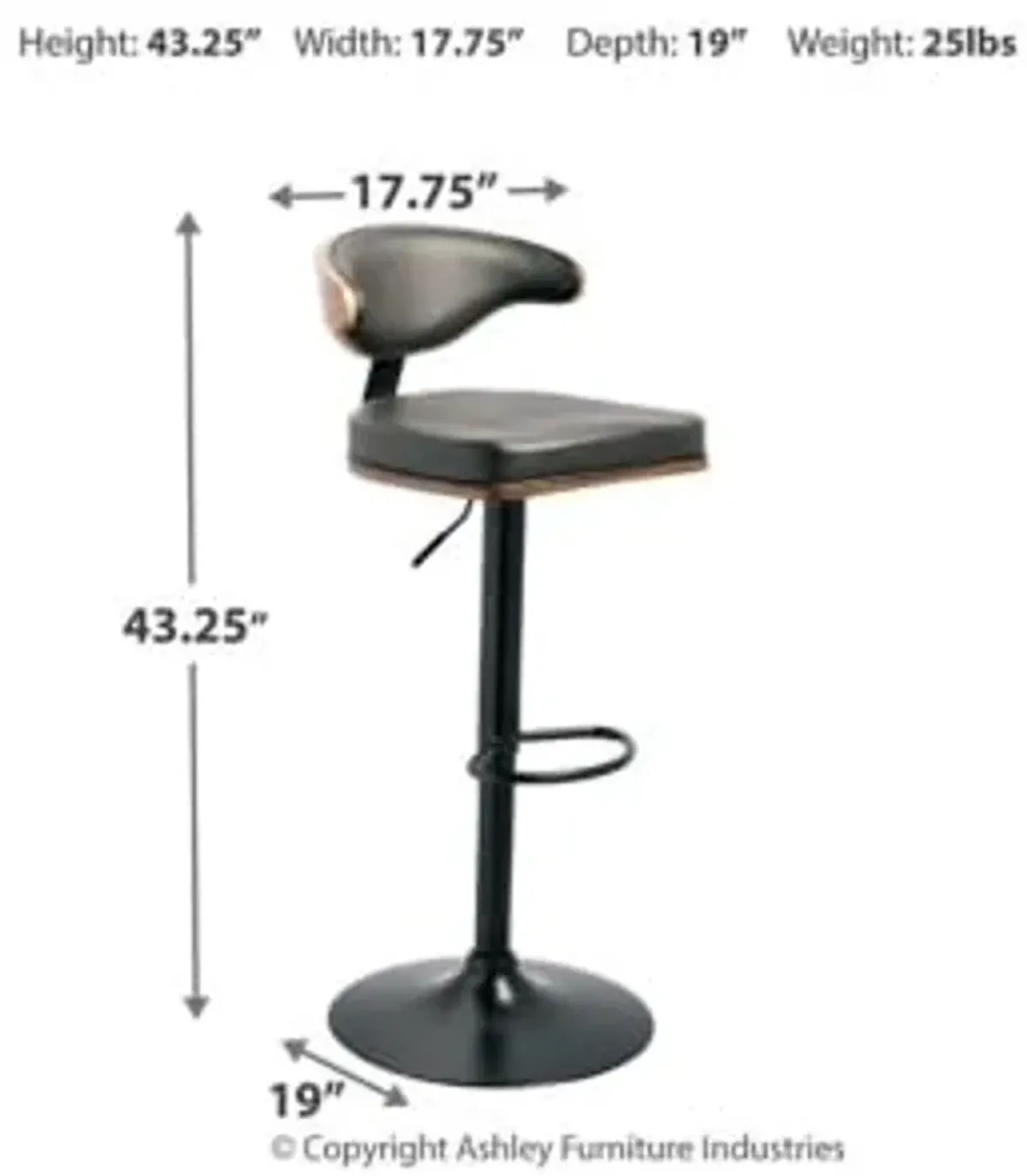 Signature Design by Ashley Bellatier Mid-Century Modern 43.25" Adjustable Height Bar Stool, Brown & Black