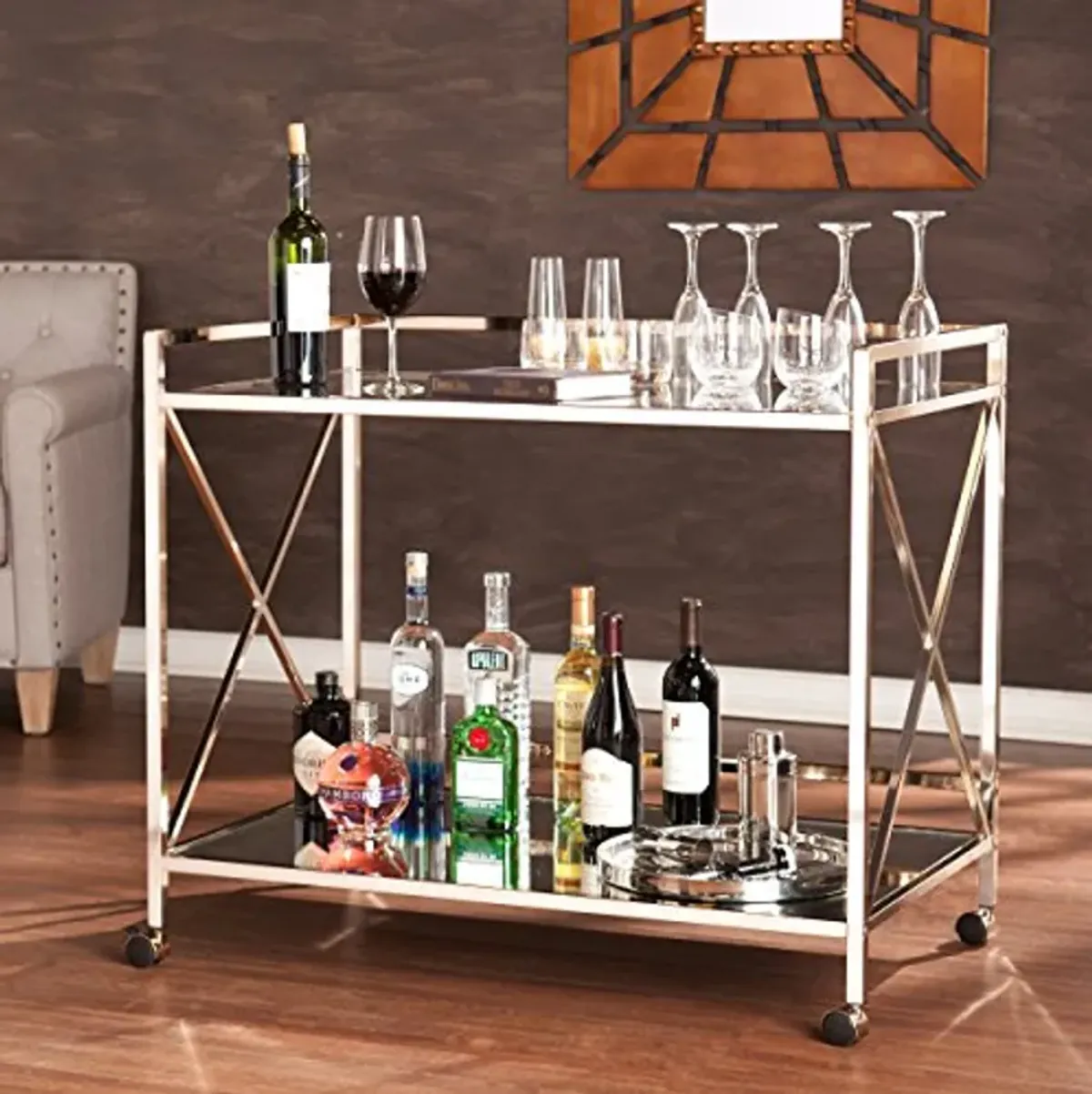 SEI Furniture Maxton Metallic Open Shelf Bar Cart, Gold