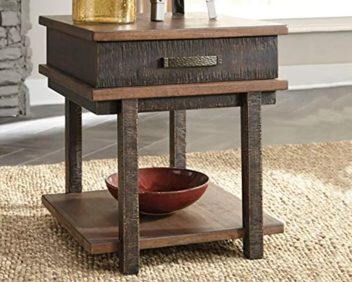 Signature Design by Ashley Stanah Rustic Rectangular End Table with 1 Drawer and Floor Shelf for Storage, Brown with Distressed Finish