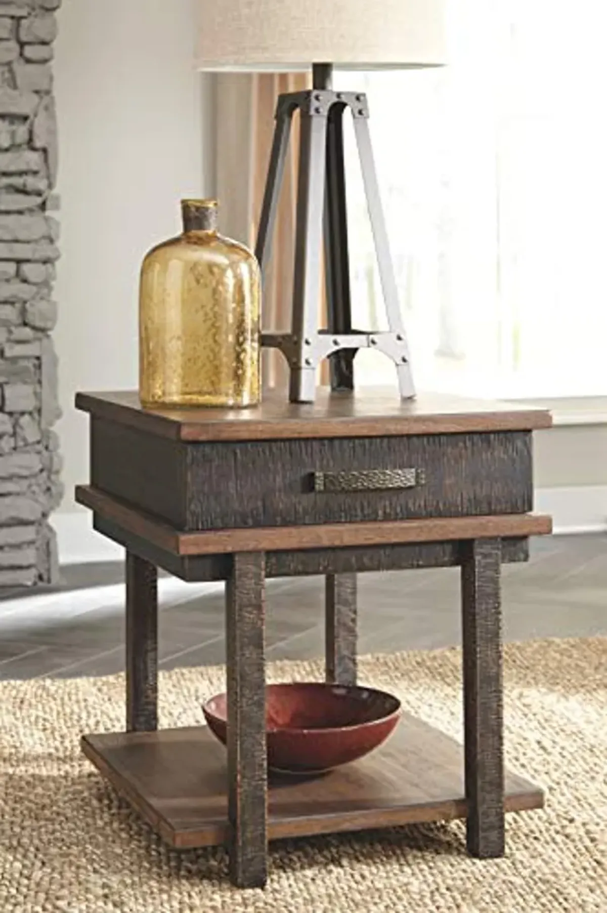 Signature Design by Ashley Stanah Rustic Rectangular End Table with 1 Drawer and Floor Shelf for Storage, Brown with Distressed Finish