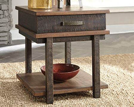 Signature Design by Ashley Stanah Rustic Rectangular End Table with 1 Drawer and Floor Shelf for Storage, Brown with Distressed Finish