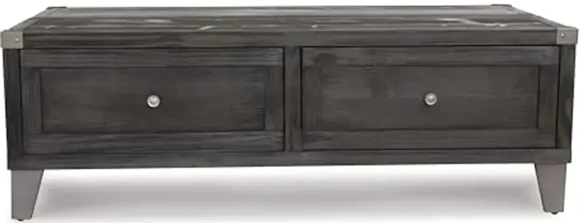 Signature Design by Ashley Todoe Industrial Spring-Lift Top Coffee Table, 2 Storage Drawers, Metal Legs, Wood, 54.38" W x 28.5" D x 18.25" H, Dark Gray & Weathered Pine Finish