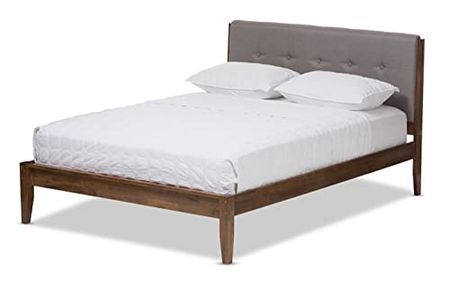 Baxton Studio Leyton Mid-Century Light Grey Fabric and Medium Brown Finish Wood King Size Platform Bed