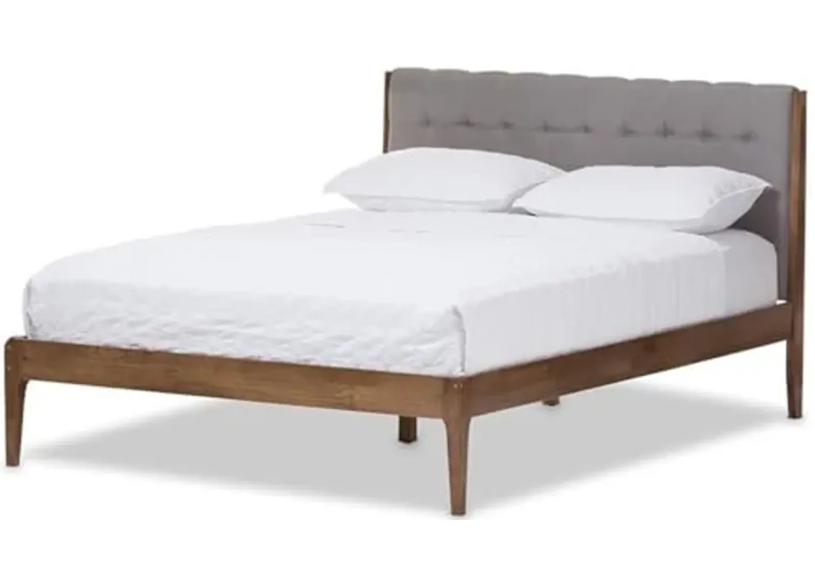 Baxton Studio Clifford Mid-Century Light Grey Fabric and Medium Brown Finish Wood Queen Size Platform Bed