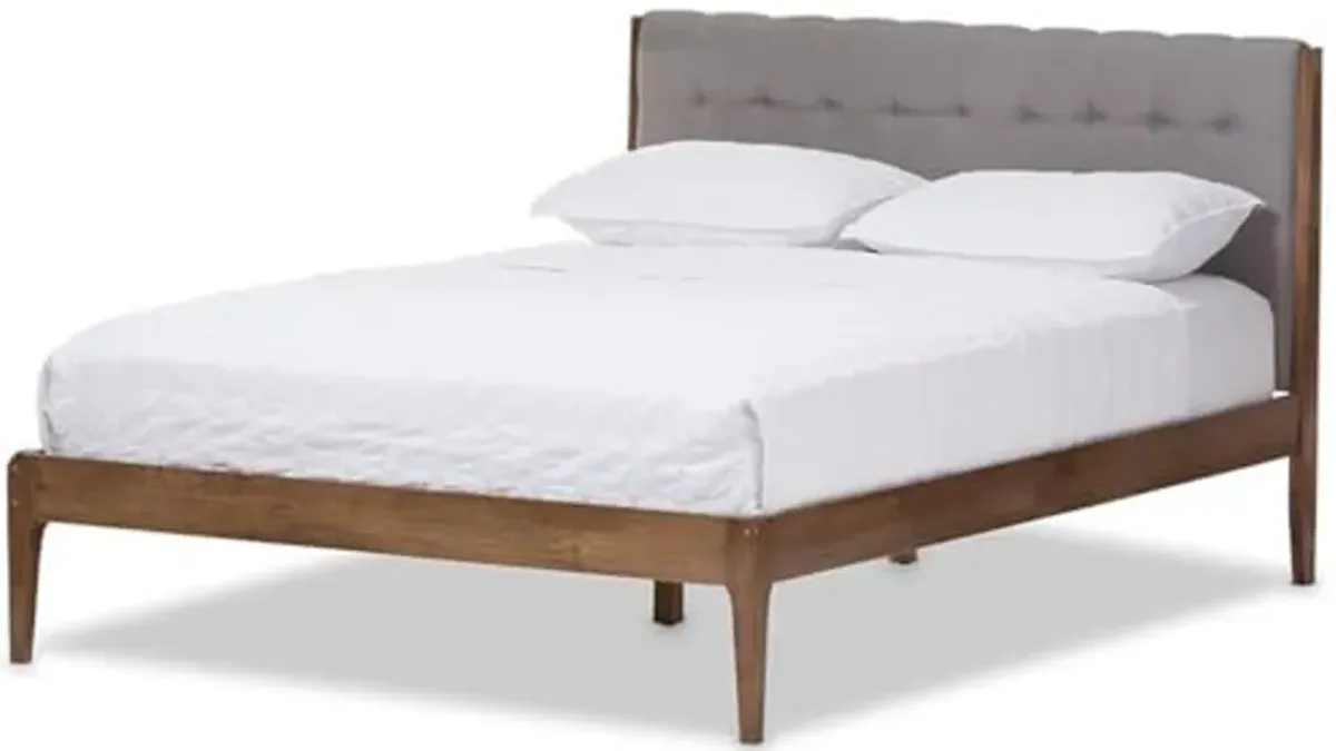 Baxton Studio Clifford Mid-Century Light Grey Fabric and Medium Brown Finish Wood Queen Size Platform Bed