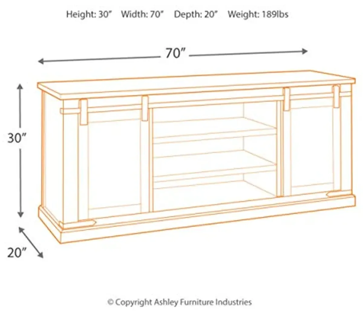 Signature Design by Ashley Budmore Rustic TV Stand Fits TVs up to 68", 2 Sliding Barn Doors and 6 Storage Shelves, Dark Brown