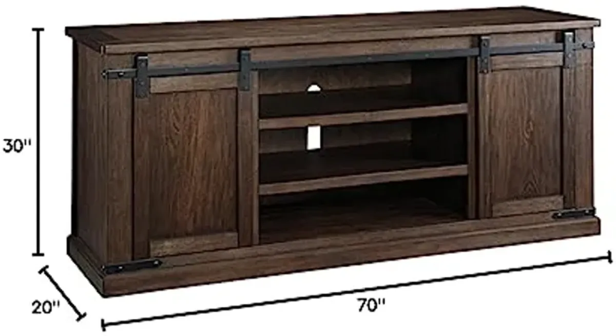 Signature Design by Ashley Budmore Rustic TV Stand Fits TVs up to 68", 2 Sliding Barn Doors and 6 Storage Shelves, Dark Brown