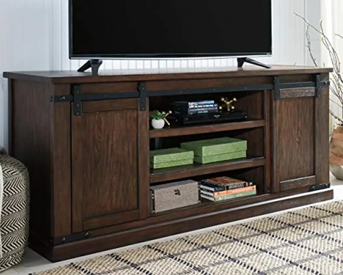 Signature Design by Ashley Budmore Rustic TV Stand Fits TVs up to 68", 2 Sliding Barn Doors and 6 Storage Shelves, Dark Brown