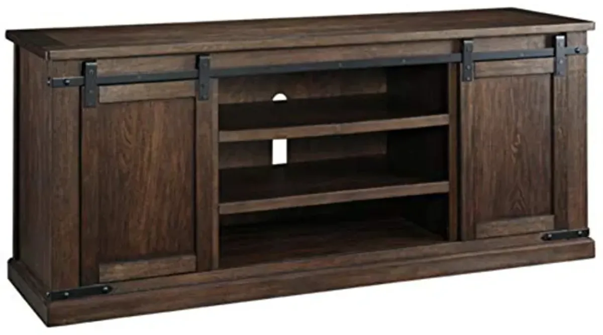 Signature Design by Ashley Budmore Rustic TV Stand Fits TVs up to 68", 2 Sliding Barn Doors and 6 Storage Shelves, Dark Brown