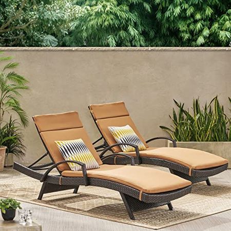 Christopher Knight Home Salem Outdoor Wicker Adjustable Chaise Lounges with Arms, with Cushions, 2-Pcs Set, Multibrown / Carmel