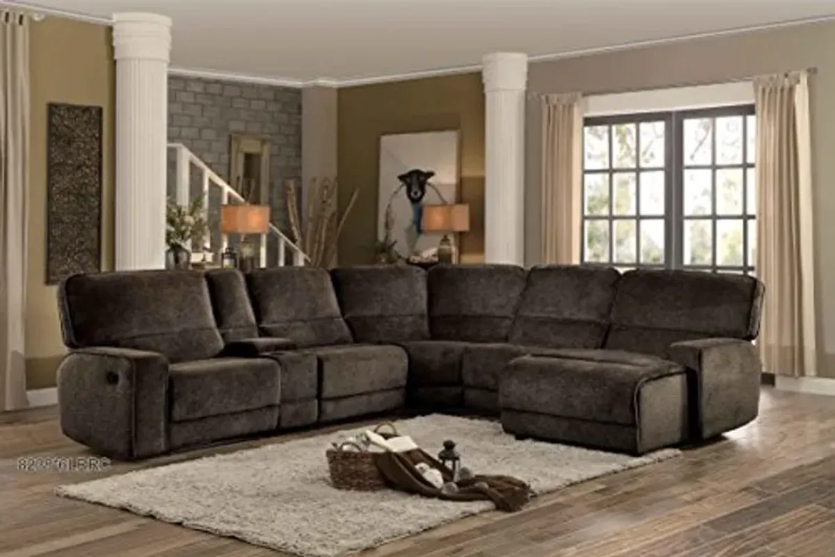 Homelegance Shreveport 6-Piece Sectional with Two Reclining Chairs and One Right Side Reclining Chaise Fabric Chenille, Brown