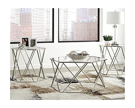 Signature Design by Ashley Madanere Modern Chrome 3-Piece Occasional Table Set, Includes Coffee Table and 2 End Tables, Silver